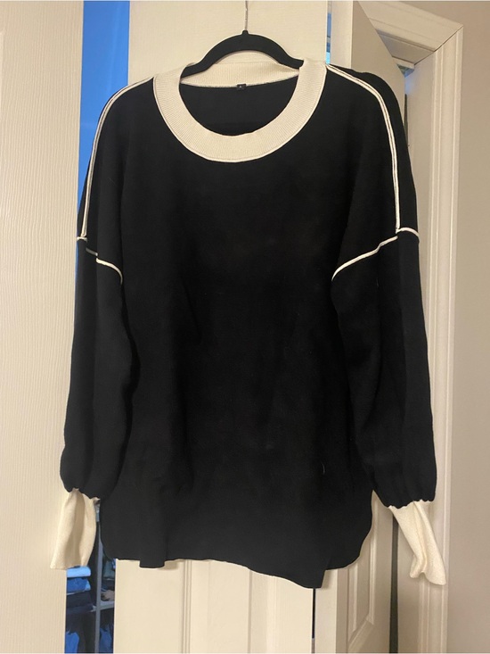 Sweaters - Black Crewneck Sweater with Cream Trim - Women's Scoop Crew